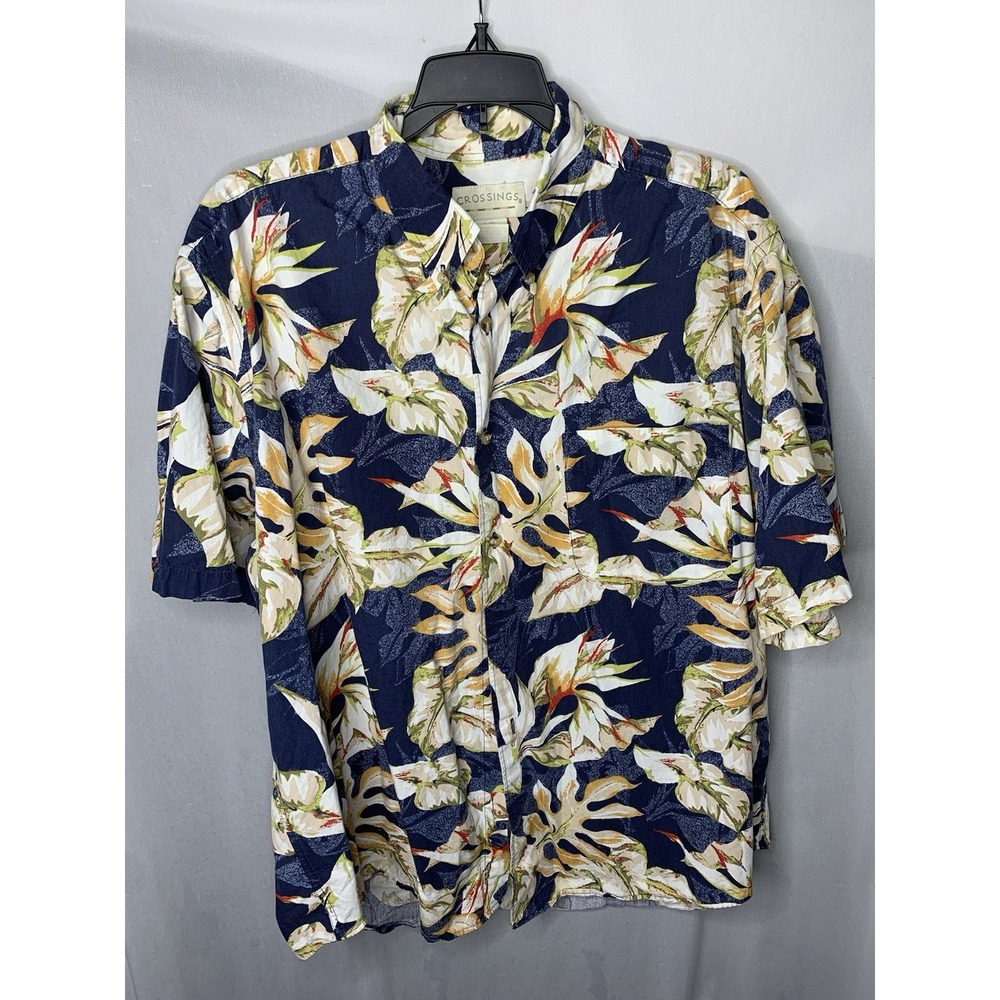 Mens L Crossings Blue Floral Hawaiian Button Down Resort Shirt‎ beach summer